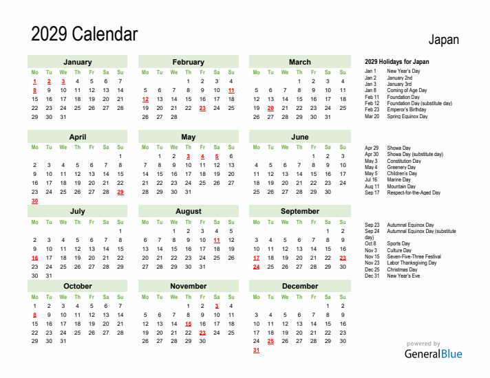 Holiday Calendar 2029 for Japan (Monday Start)