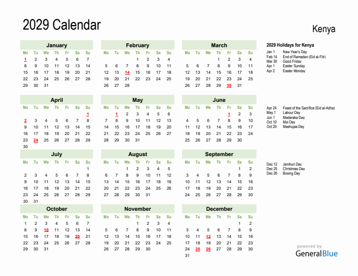 Holiday Calendar 2029 for Kenya (Monday Start)