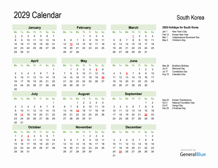 Holiday Calendar 2029 for South Korea (Monday Start)
