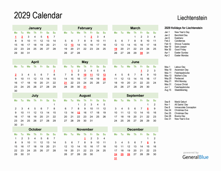 Holiday Calendar 2029 for Liechtenstein (Monday Start)