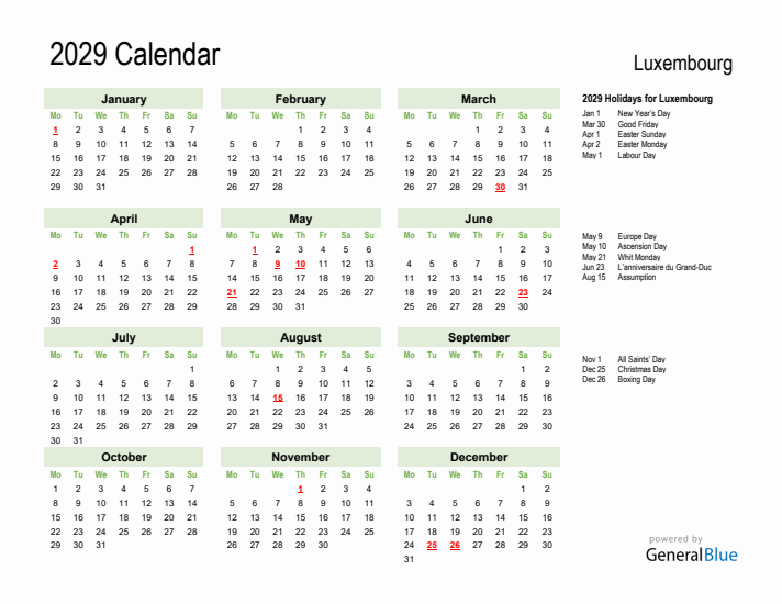 Holiday Calendar 2029 for Luxembourg (Monday Start)