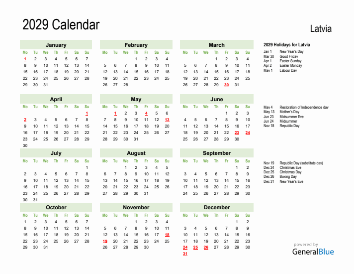 Holiday Calendar 2029 for Latvia (Monday Start)