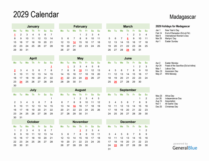 Holiday Calendar 2029 for Madagascar (Monday Start)