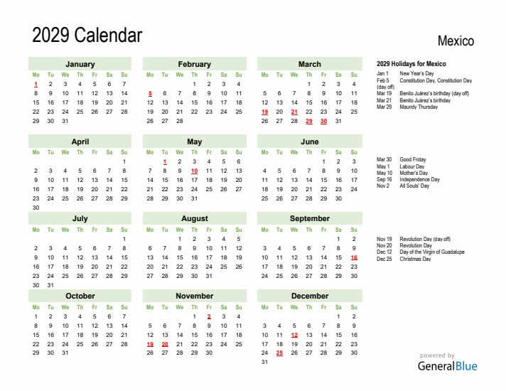 Holiday Calendar 2029 for Mexico (Monday Start)