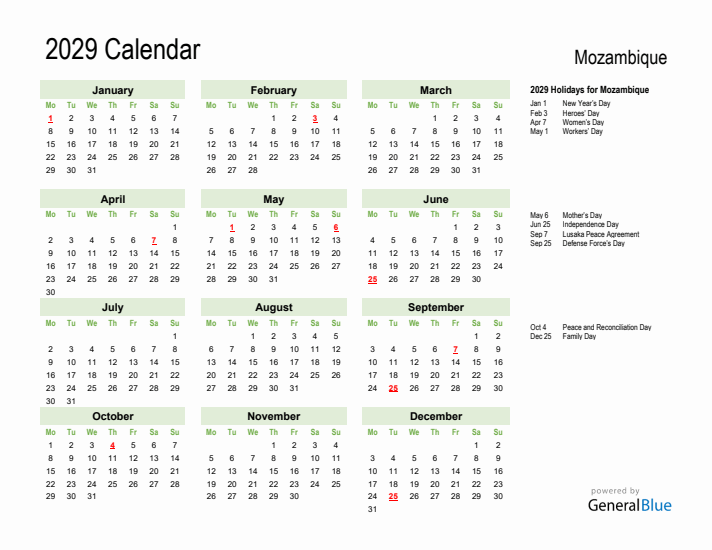 Holiday Calendar 2029 for Mozambique (Monday Start)