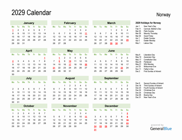 Holiday Calendar 2029 for Norway (Monday Start)