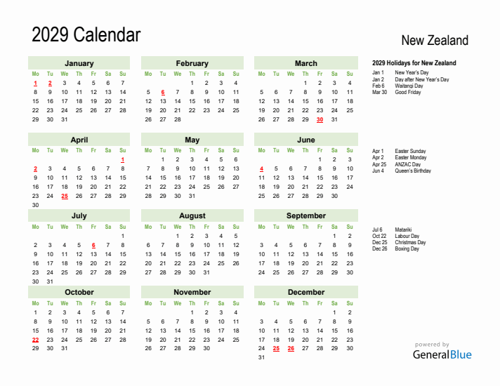 Holiday Calendar 2029 for New Zealand (Monday Start)