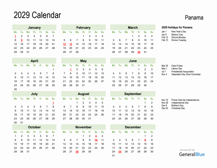 Holiday Calendar 2029 for Panama (Monday Start)