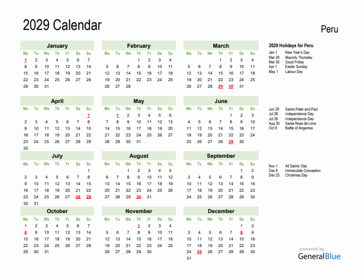 Holiday Calendar 2029 for Peru (Monday Start)
