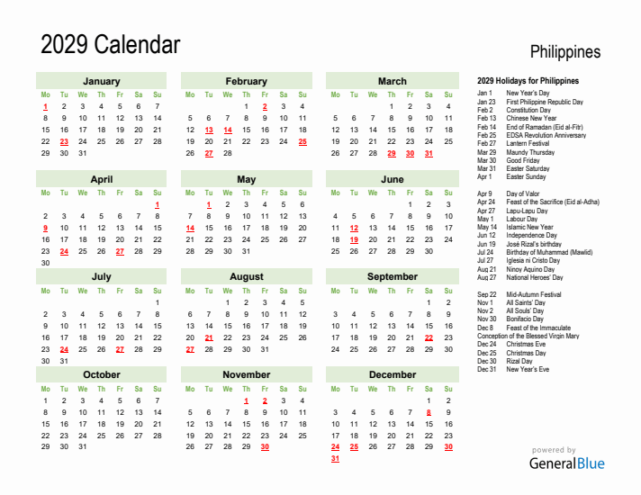 Holiday Calendar 2029 for Philippines (Monday Start)