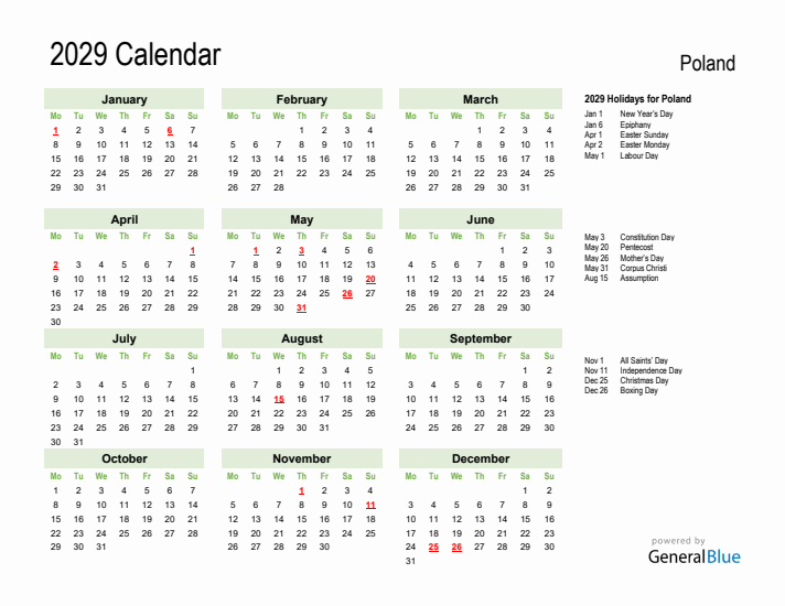 Holiday Calendar 2029 for Poland (Monday Start)