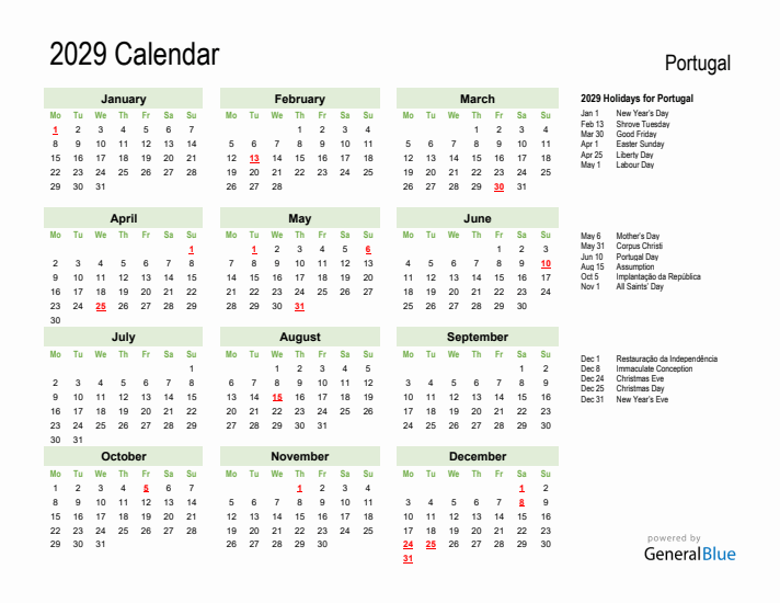 Holiday Calendar 2029 for Portugal (Monday Start)
