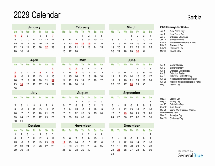 Holiday Calendar 2029 for Serbia (Monday Start)