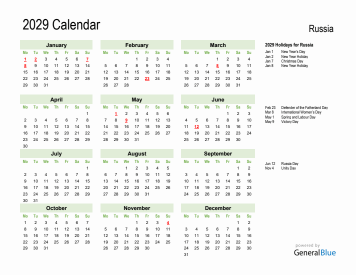 Holiday Calendar 2029 for Russia (Monday Start)