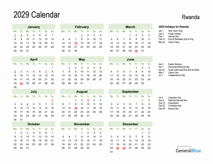 Holiday Calendar 2029 for Rwanda (Monday Start)