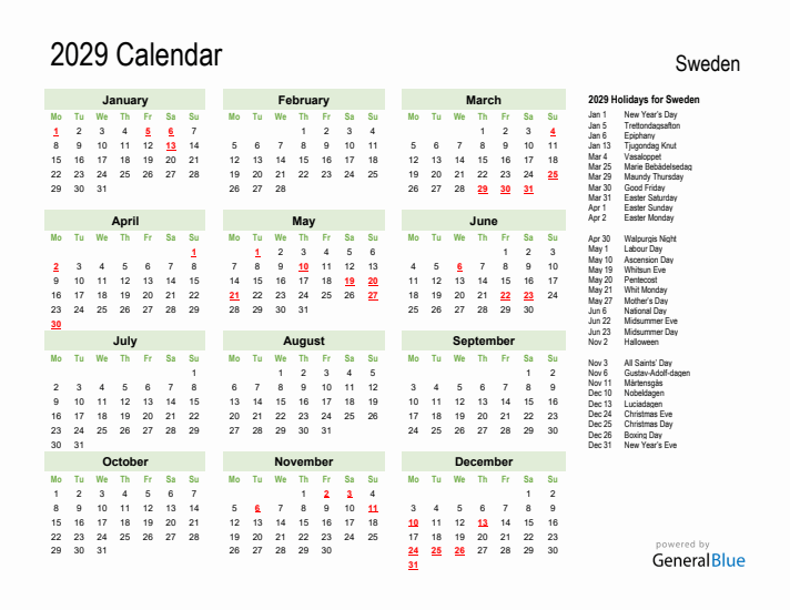 Holiday Calendar 2029 for Sweden (Monday Start)