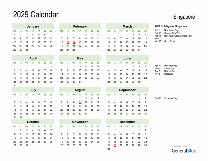 Holiday Calendar 2029 for Singapore (Monday Start)