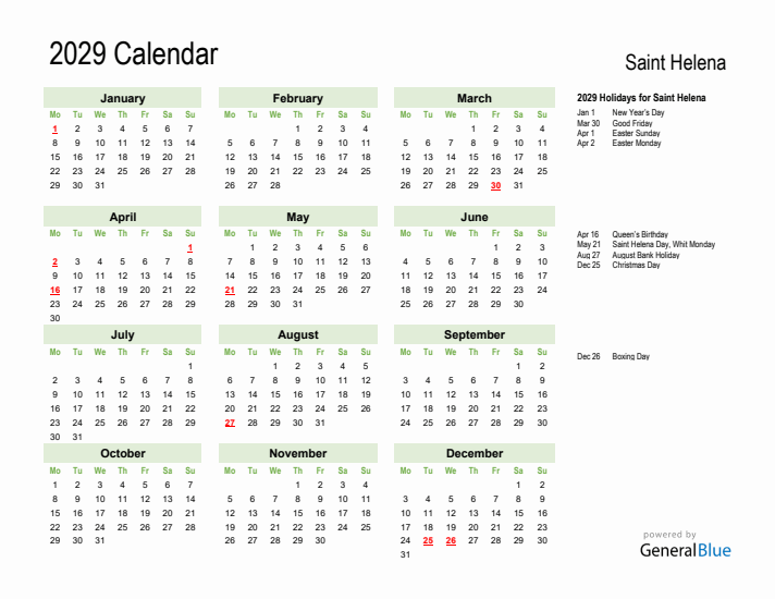 Holiday Calendar 2029 for Saint Helena (Monday Start)