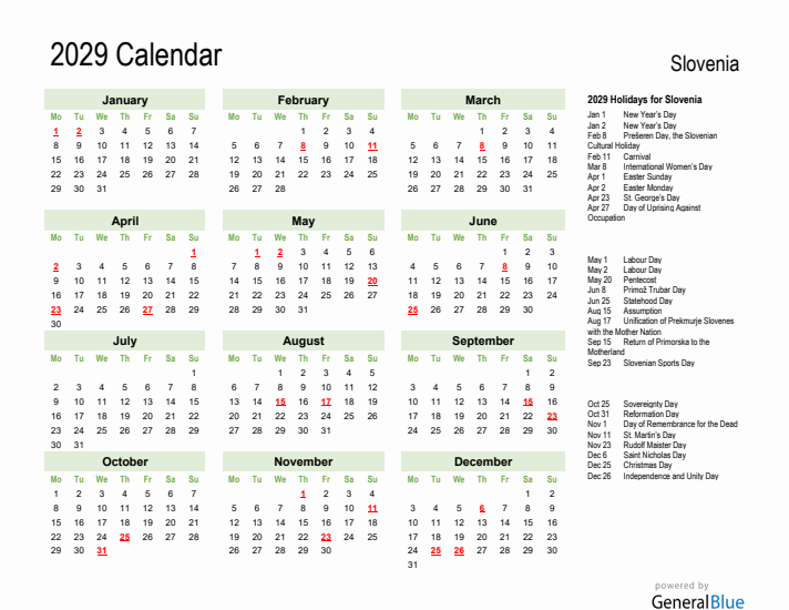 Holiday Calendar 2029 for Slovenia (Monday Start)