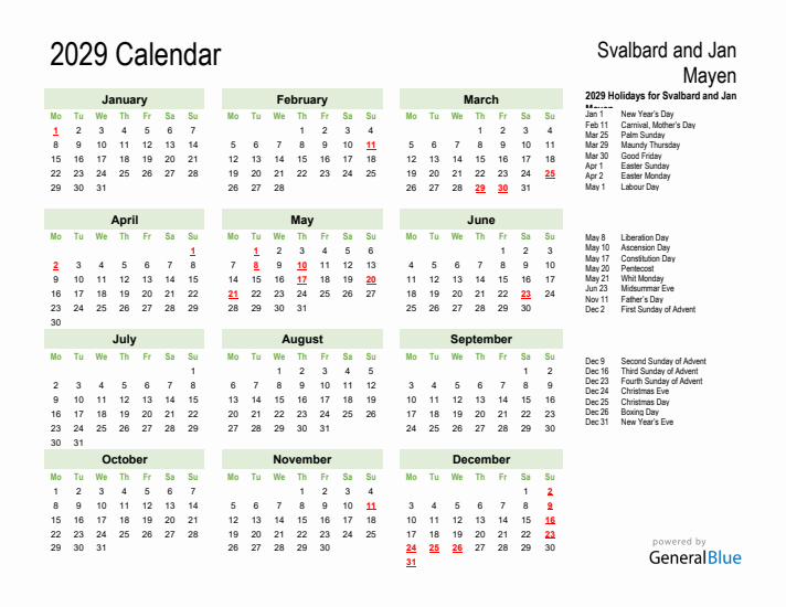 Holiday Calendar 2029 for Svalbard and Jan Mayen (Monday Start)