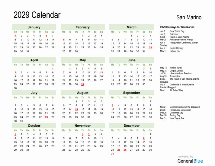 Holiday Calendar 2029 for San Marino (Monday Start)
