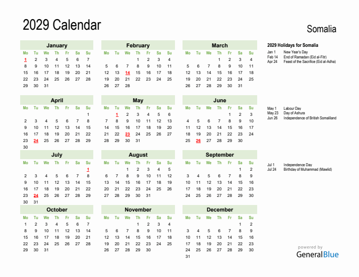 Holiday Calendar 2029 for Somalia (Monday Start)