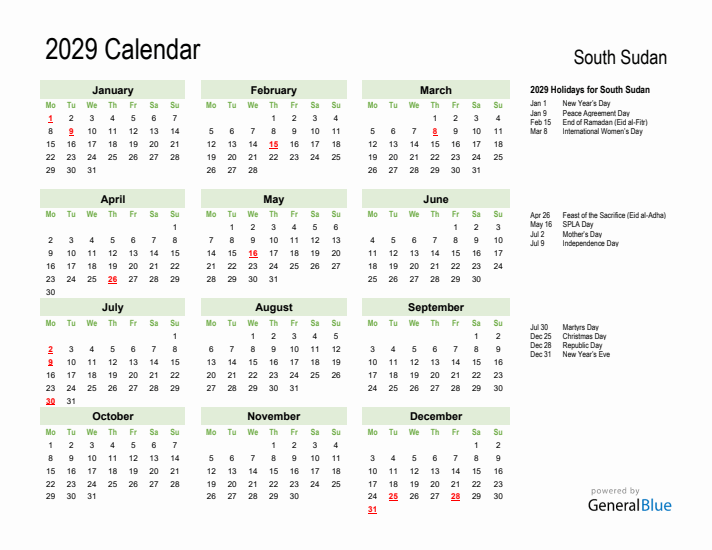 Holiday Calendar 2029 for South Sudan (Monday Start)