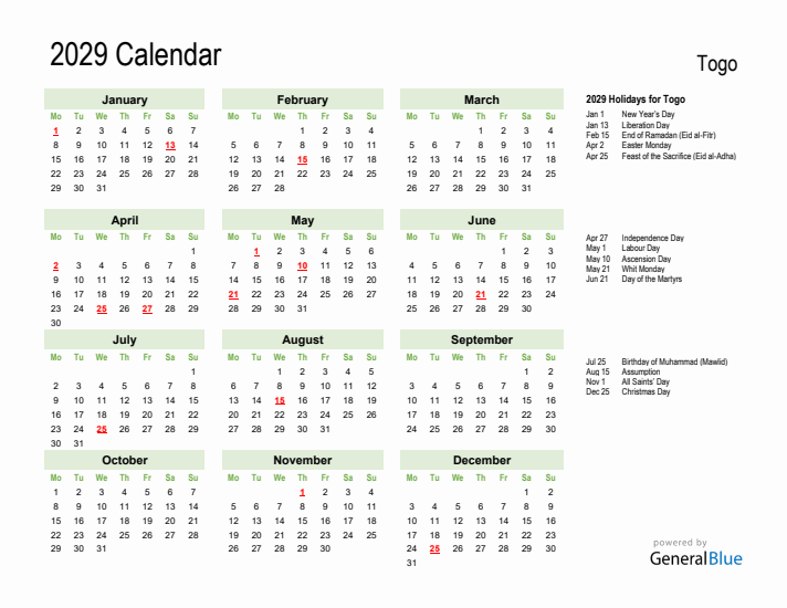 Holiday Calendar 2029 for Togo (Monday Start)