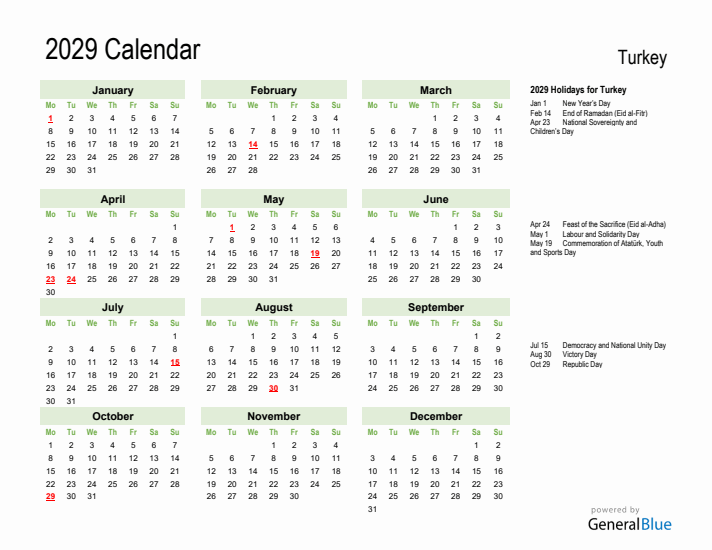 Holiday Calendar 2029 for Turkey (Monday Start)
