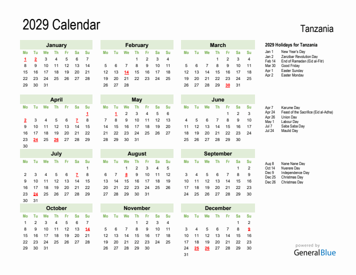 Holiday Calendar 2029 for Tanzania (Monday Start)