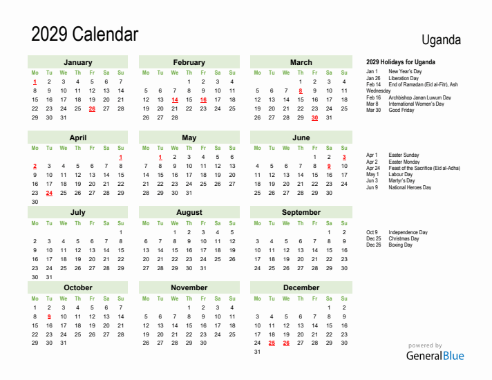 Holiday Calendar 2029 for Uganda (Monday Start)