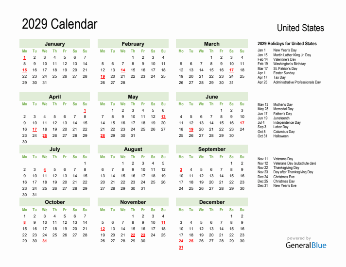 Holiday Calendar 2029 for United States (Monday Start)