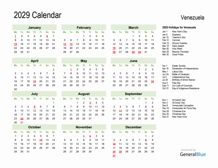 Holiday Calendar 2029 for Venezuela (Monday Start)