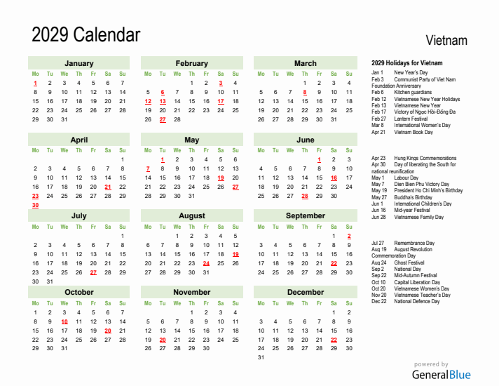 Holiday Calendar 2029 for Vietnam (Monday Start)