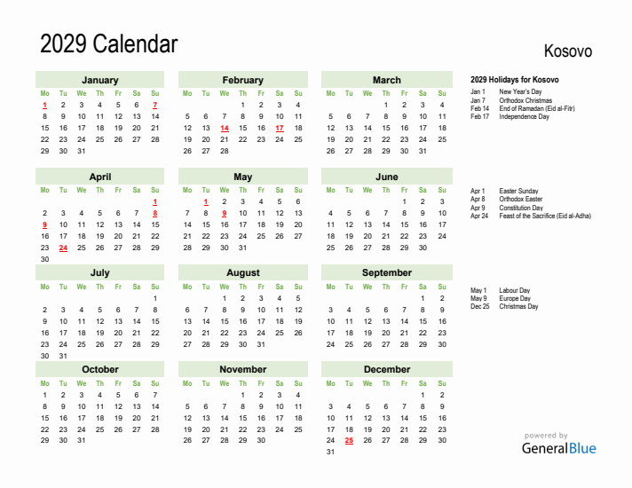 Holiday Calendar 2029 for Kosovo (Monday Start)