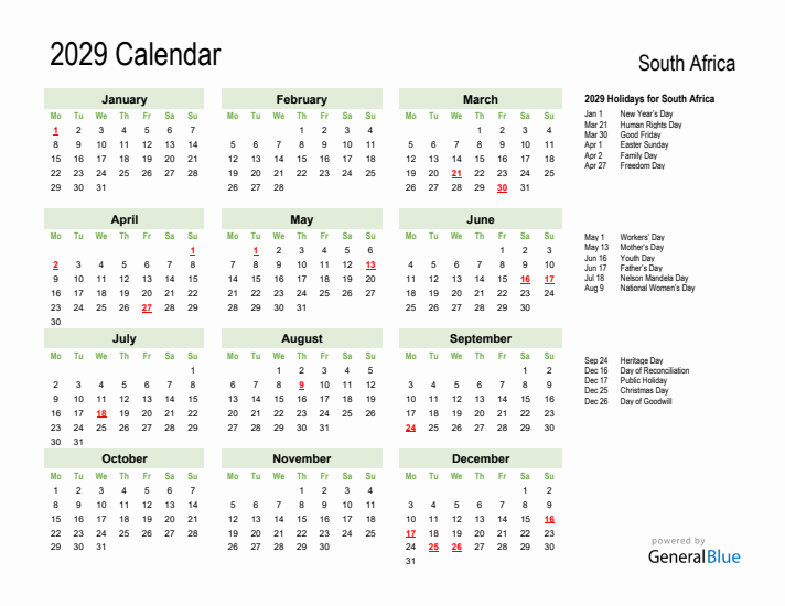Holiday Calendar 2029 for South Africa (Monday Start)