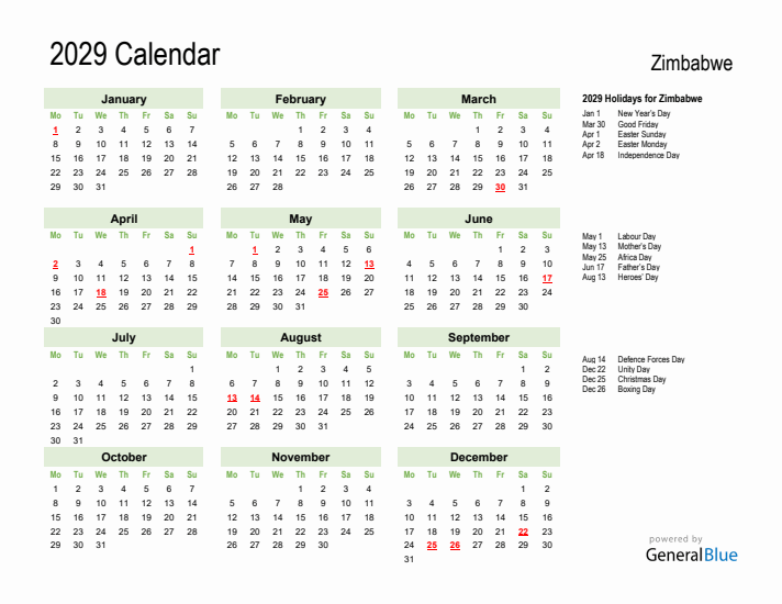 Holiday Calendar 2029 for Zimbabwe (Monday Start)