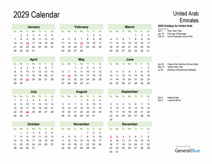 Holiday Calendar 2029 for United Arab Emirates (Sunday Start)