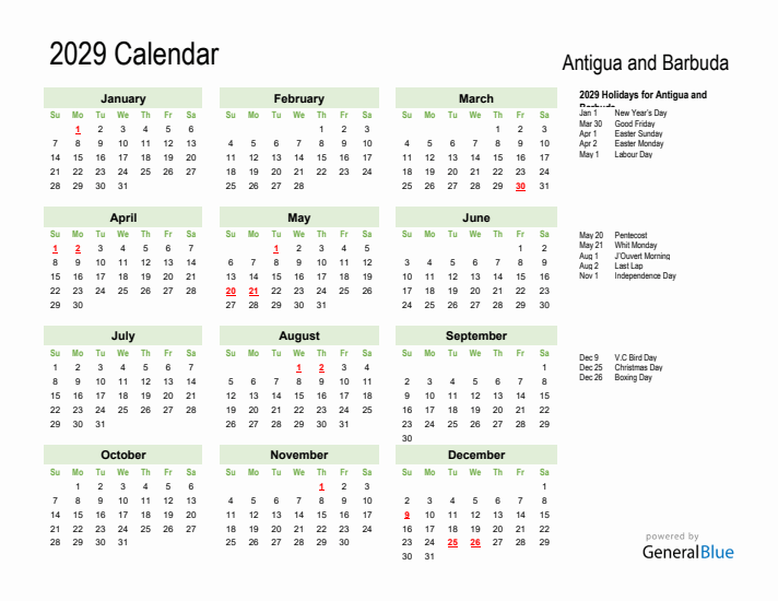 Holiday Calendar 2029 for Antigua and Barbuda (Sunday Start)