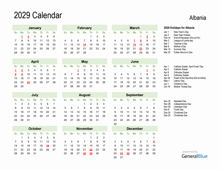 Holiday Calendar 2029 for Albania (Sunday Start)