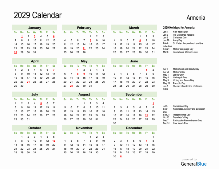 Holiday Calendar 2029 for Armenia (Sunday Start)