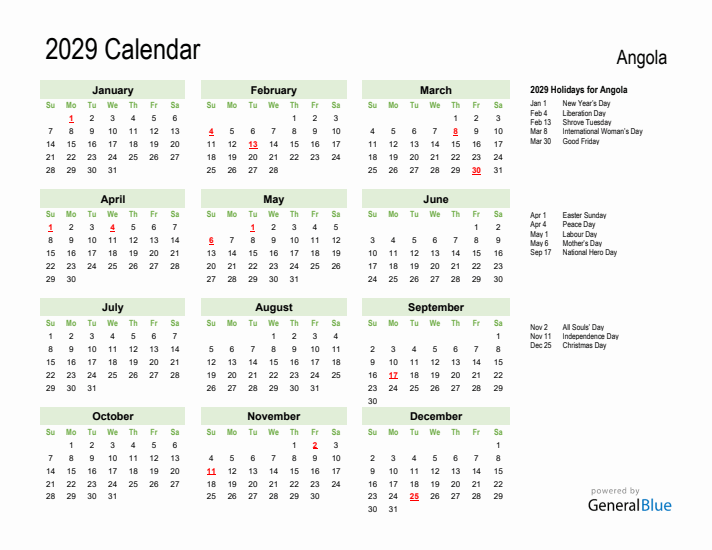 Holiday Calendar 2029 for Angola (Sunday Start)