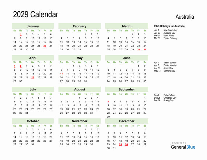 Holiday Calendar 2029 for Australia (Sunday Start)