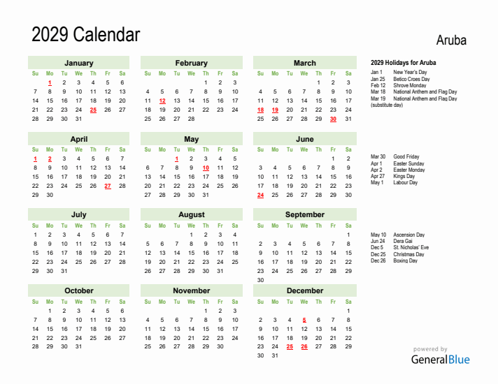 Holiday Calendar 2029 for Aruba (Sunday Start)