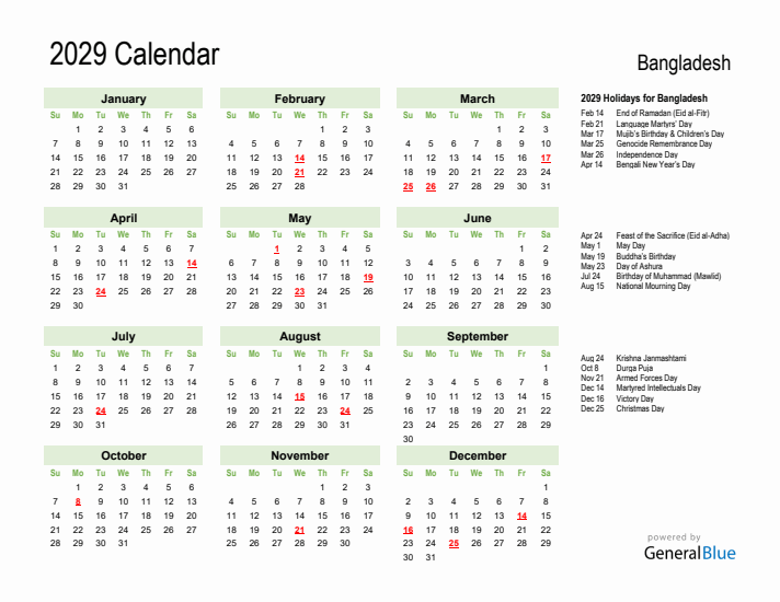 Holiday Calendar 2029 for Bangladesh (Sunday Start)