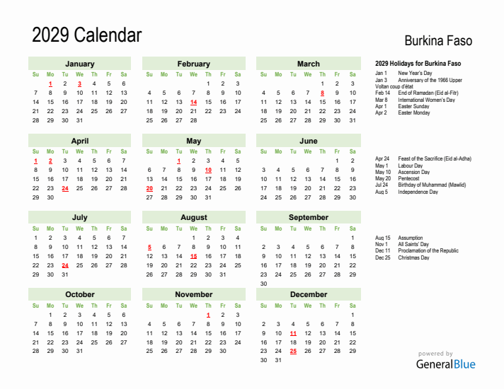 Holiday Calendar 2029 for Burkina Faso (Sunday Start)