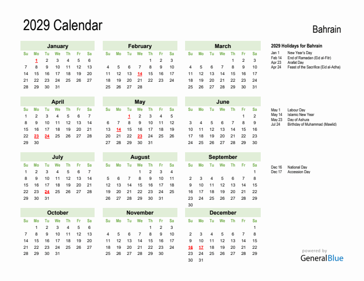 Holiday Calendar 2029 for Bahrain (Sunday Start)
