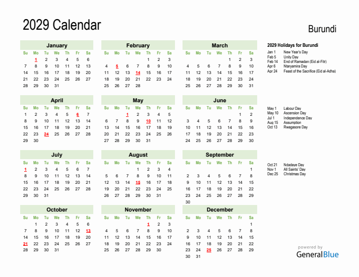 Holiday Calendar 2029 for Burundi (Sunday Start)