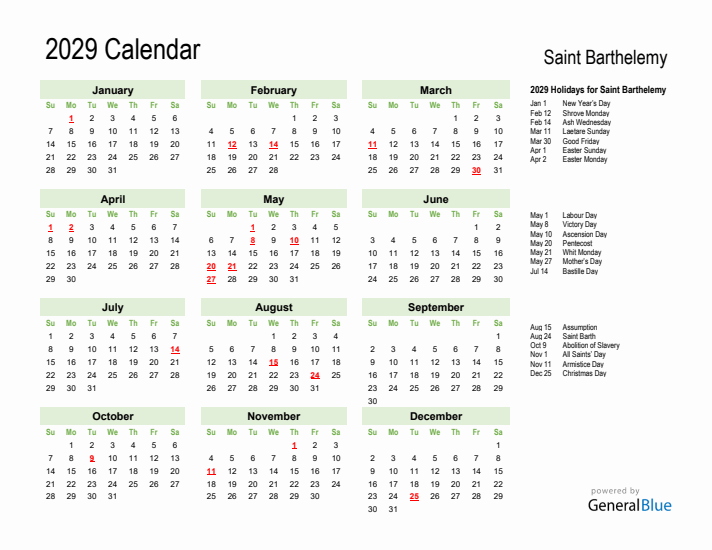 Holiday Calendar 2029 for Saint Barthelemy (Sunday Start)