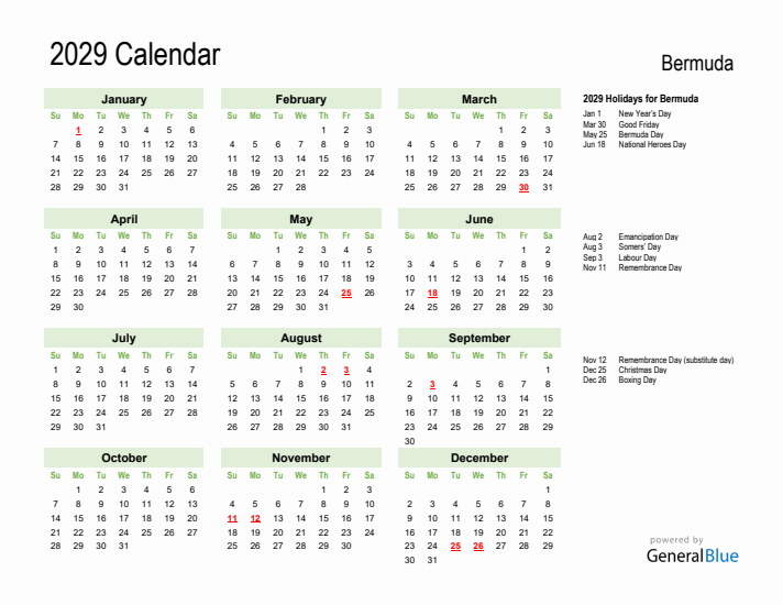 Holiday Calendar 2029 for Bermuda (Sunday Start)